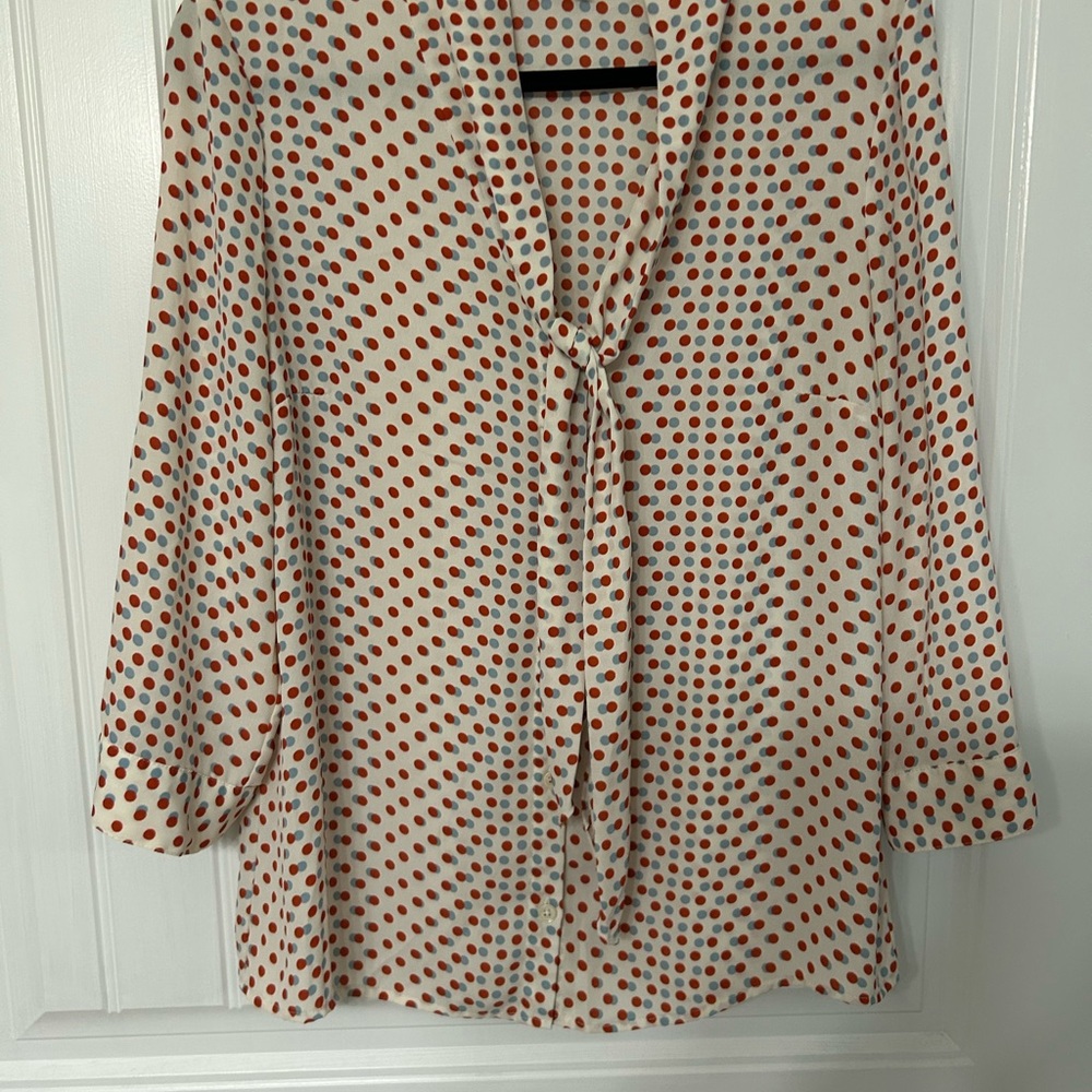 Modcloth Ivory Polka Dot Tie-Neck Blouse with Red and Blue Dots
